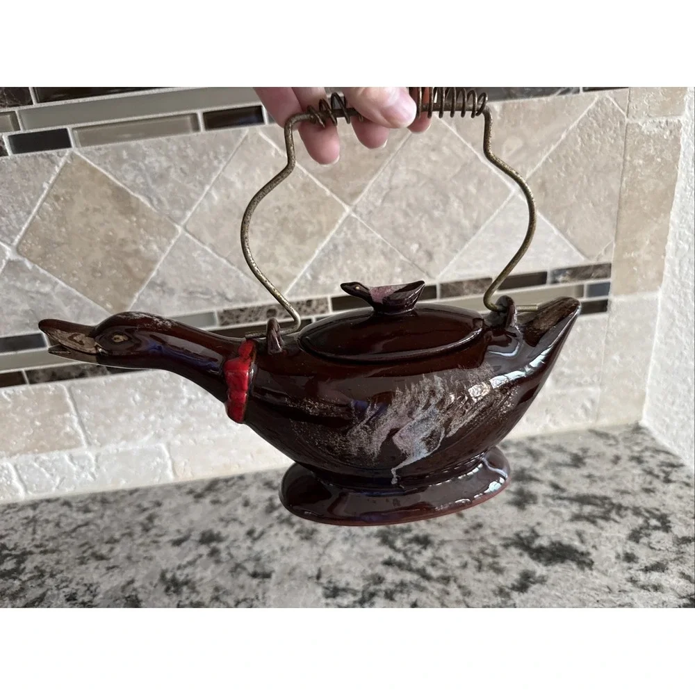 Vintage 1950's Redware Bird  Shaped Teapot with Metal Spirl Handle 10in Long